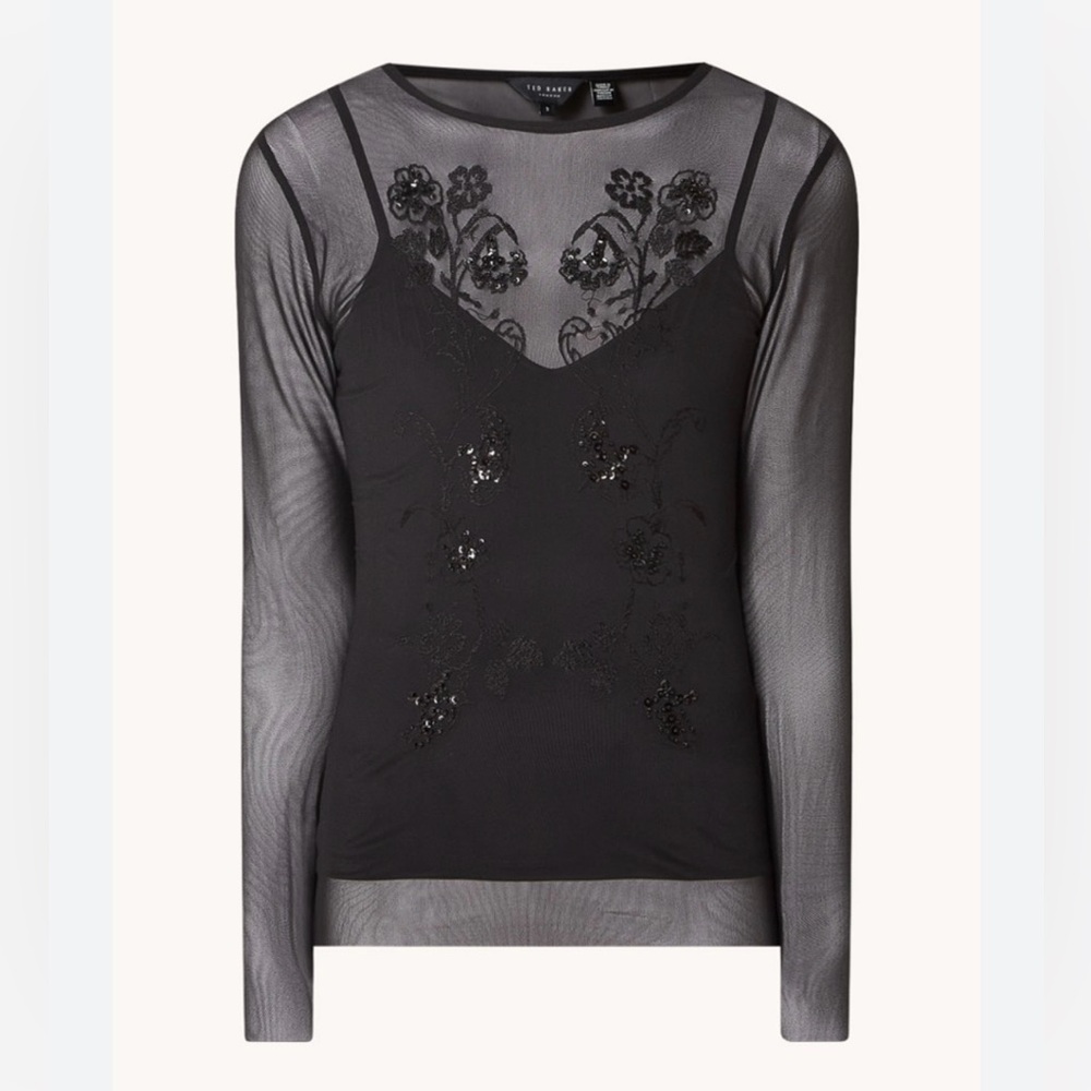 Ted Baker London Black Sheer Embellished Long Sleeve Top NWOT